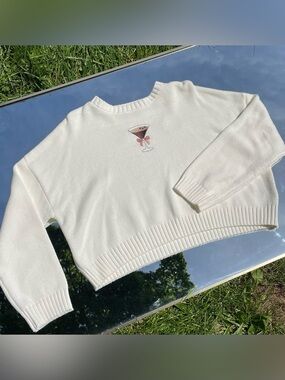 moon & madison Cream Crewneck Sweater with Embroidered Cocktail